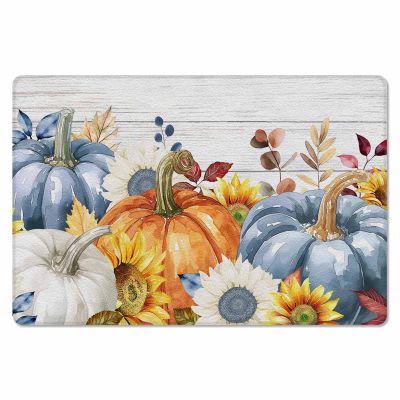 Fall Sunflower Pumpkin Antifatigue Kitchen Bath Door Mat Cushioned Runner Rug,Thanksgiving Leaves Woodgrain Washable Welcome Floor Sink Mat,Waterproof Non-Slip Comfort Standing Doormat,18"x47"