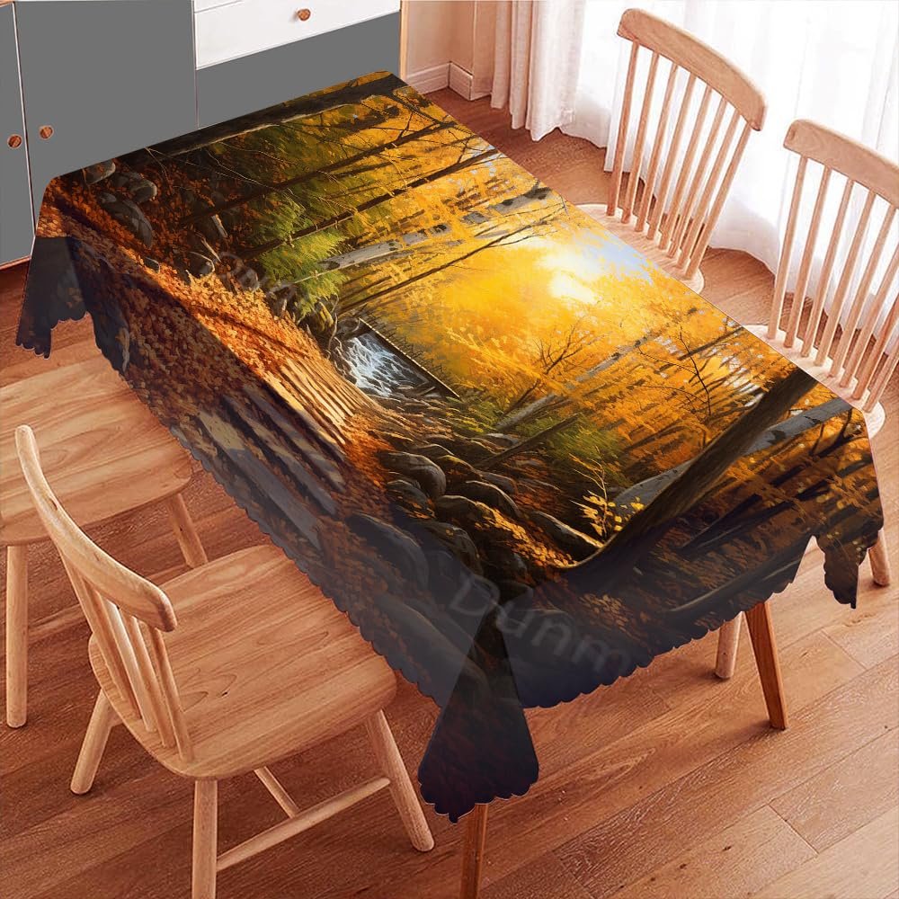 Dunmat Colourful Forest Table Cloth Art Print, Autumn Leaves Beautiful View Washable Waterproof Tablecloths Dining Table Decorative Rectangle Table Cover 60Wx120L Inch