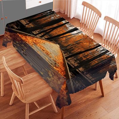Dunmat Fantasy Forest Tablecloths Table Decor, Autumn Leaves Wooden Bridge River Table Cloths for Kitchen, Dining Table Cloth for Rectangle Tables 55Wx120L Inch