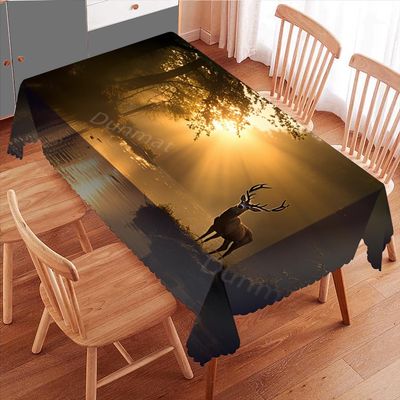 Dunmat Vintage Deer Tablecloths Table Decor, Nature River Countryside Forest Animal Table Cloths for Kitchen, Dining Table Cloth for Rectangle Tables 60Wx120L Inch