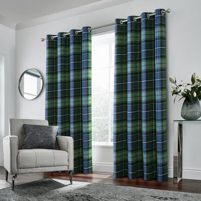 always4u Woolen Look Plaid Curtains Modern Window Panels Blue Green Check Tartan Curtains for Living Room Bedroom 2 Panels Blue Green 54 * 95 Inches