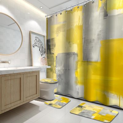 Lnond 4Pcs Bathroom Sets with Shower Curtain and Rugs, Yellow Grey Abstract Bathroom Shower Curtain Sets, Yellow Modern Art Bathroom Sets with Rugs and Accessories