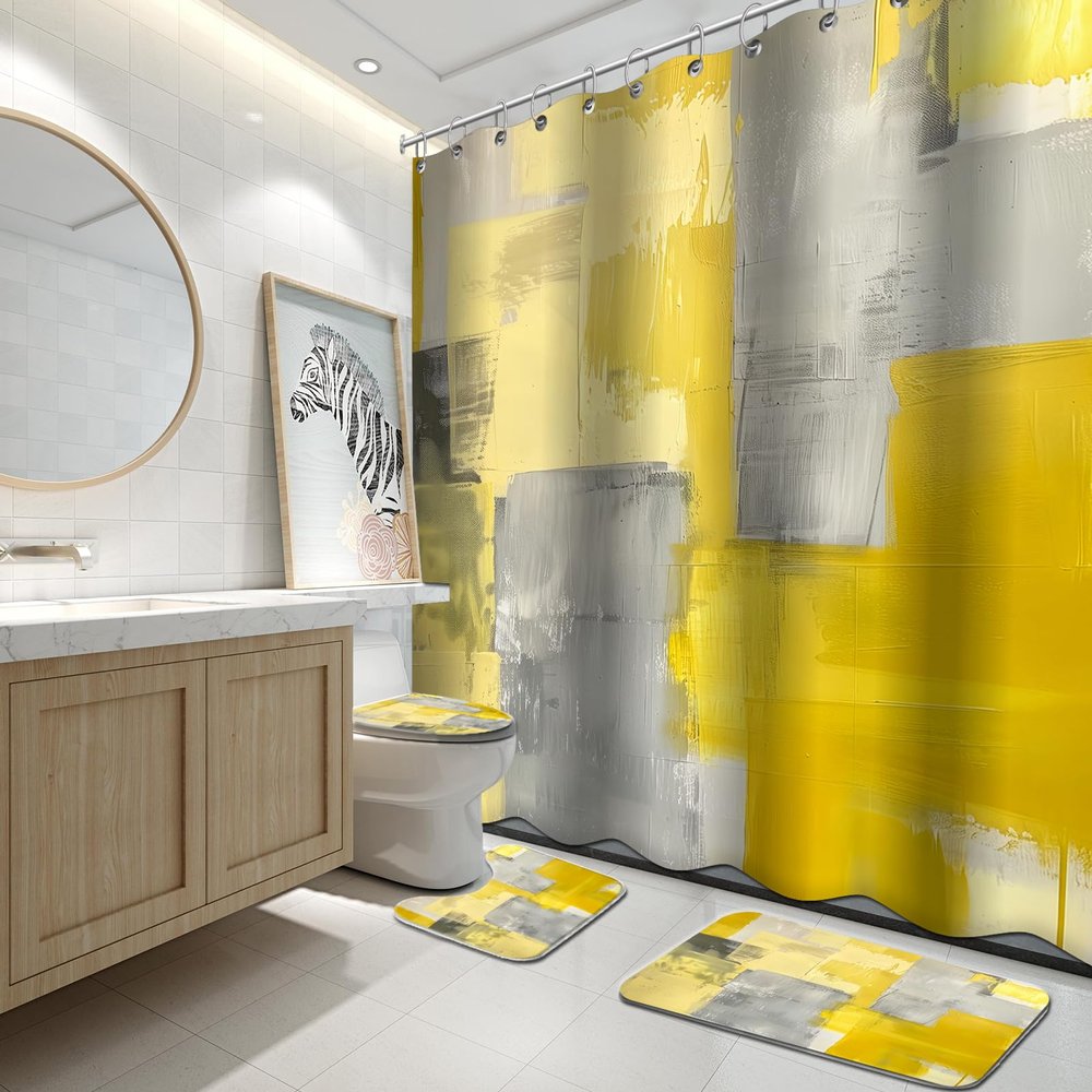 Lnond 4Pcs Bathroom Sets with Shower Curtain and Rugs, Yellow Grey Abstract Bathroom Shower Curtain Sets, Yellow Modern Art Bathroom Sets with Rugs and Accessories