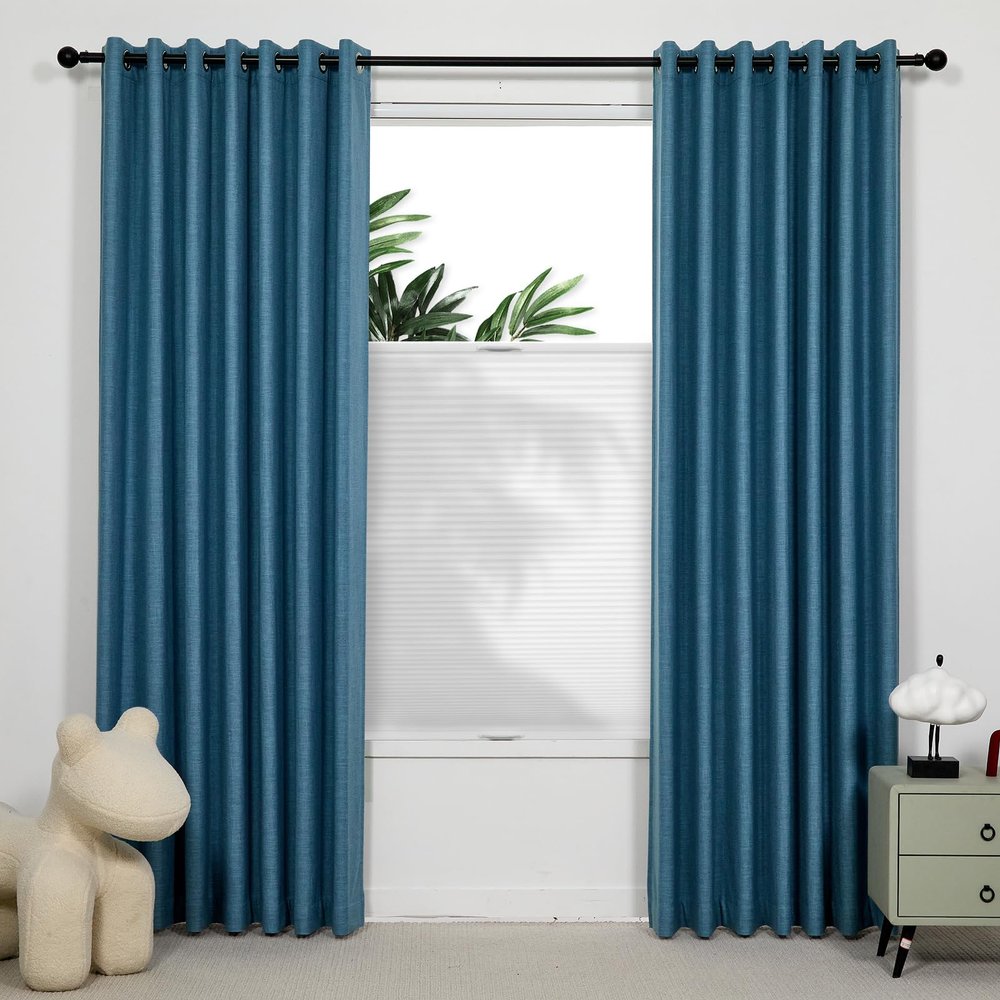 Persilux Linen Curtain 100% Blackout Curtain for Bedroom/Living Room, Thermal Insulated Drape with Linen Back, Grommet Top Extra Wide Sliding Door Curtain, 1 Panel, 100" W x 90" L, Navy Blue