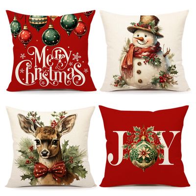 4TH Emotion Christmas Pillow Covers 18x18 Set of 4 Red White Farmhouse Xmas Decorations Snowman Deer Joy Winter Holiday Decor Throw Cushion Case for Home Couch S24C04