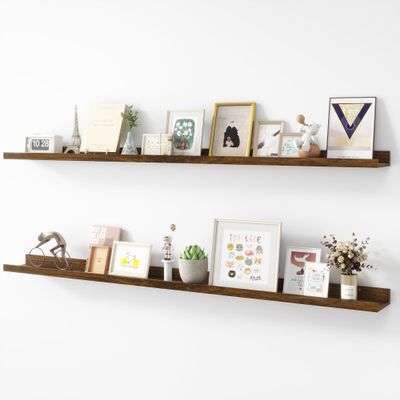 Acovy Picture Ledge Shelf, Wood Long Floating Shelves for Wall, Set of 2, 56 inch Picture Ledge Shelves, Photo Ledge Nursery Book Shelves Wall Mounted for Living Room Kids' Room Bedroom, Color Walnut