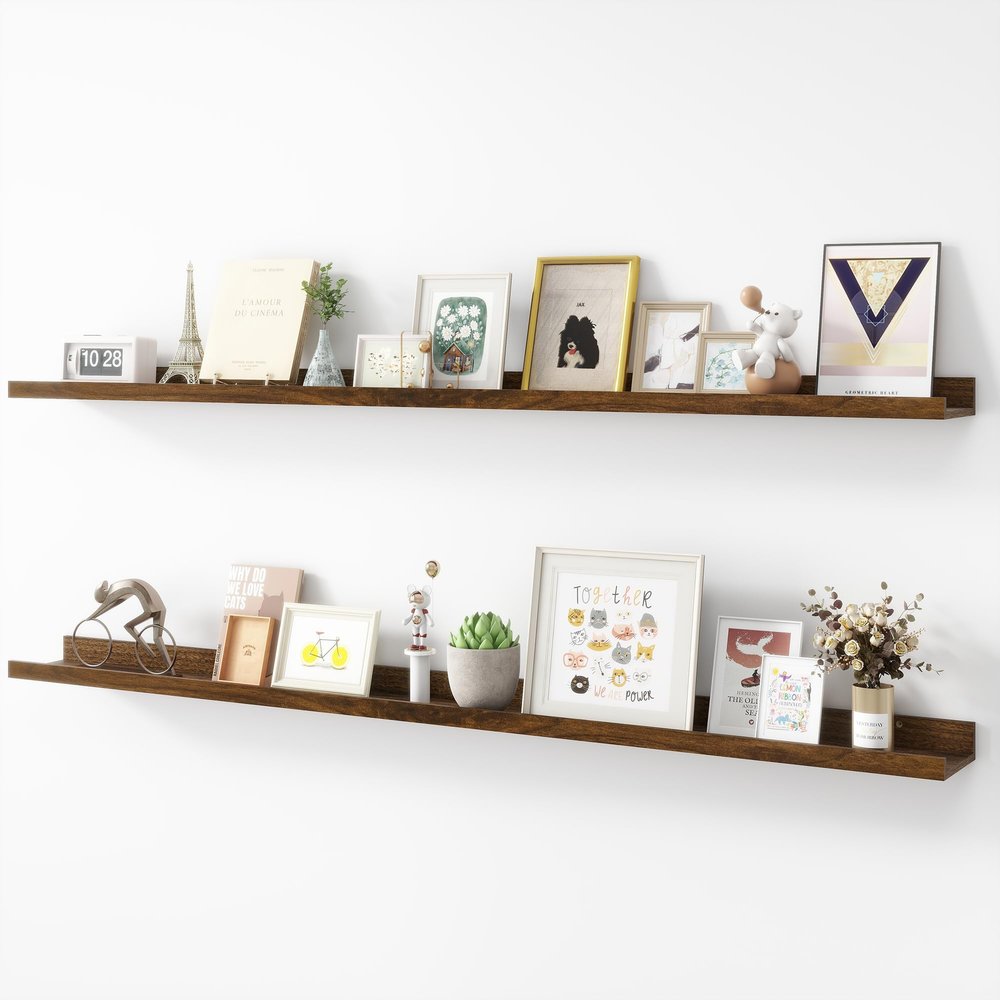 Acovy Picture Ledge Shelf, Wood Long Floating Shelves for Wall, Set of 2, 56 inch Picture Ledge Shelves, Photo Ledge Nursery Book Shelves Wall Mounted for Living Room Kids' Room Bedroom, Color Walnut