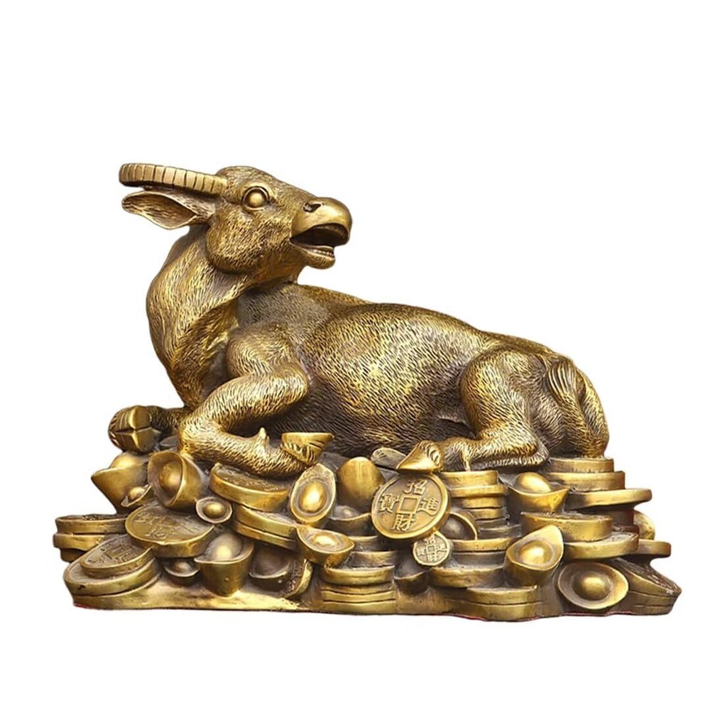 Chinese Golden Bull Brass Oxen Figurine Feng Shui Wealth Bull Good Luck Prosperity Ornament Office Decoration 14.2 * 9.5 * 11IN 20.1LB