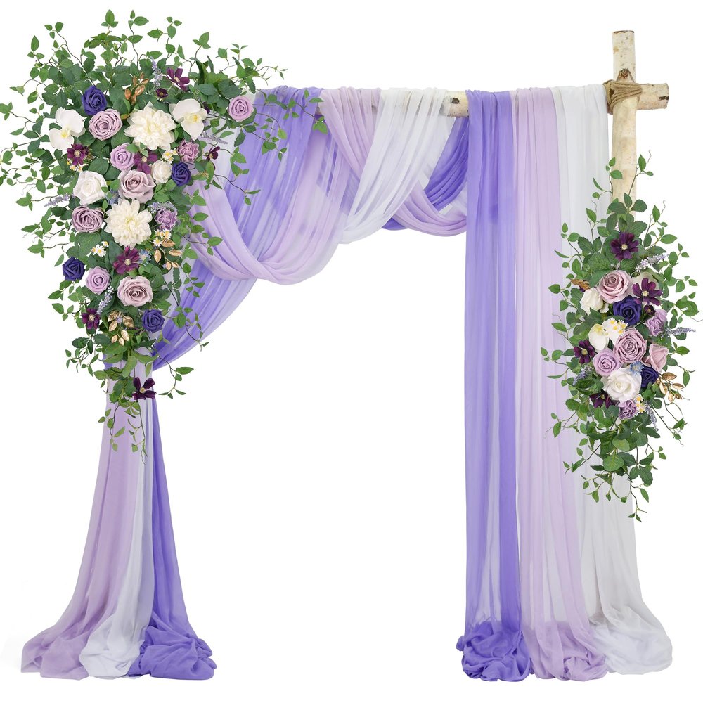 Ting's time Wedding Arch Flowers Kit (Set of 5) 2 Pcs Purple Artificial Flower Arrangement 3 Pcs Arch Draping Fabric for Wedding Ceremony Arbor and Reception Backdrop Decoration(Lilac&White)