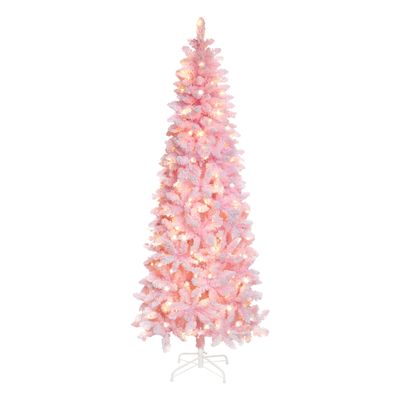 Yardenaler 6FT Artificial Christmas Pencil Tree with 200 LED Lights, 600 Branches Snow Flocked Pine Tree, Warm White Lights Slim Tree with Base for Indoor, Party, Office Decor, Pink