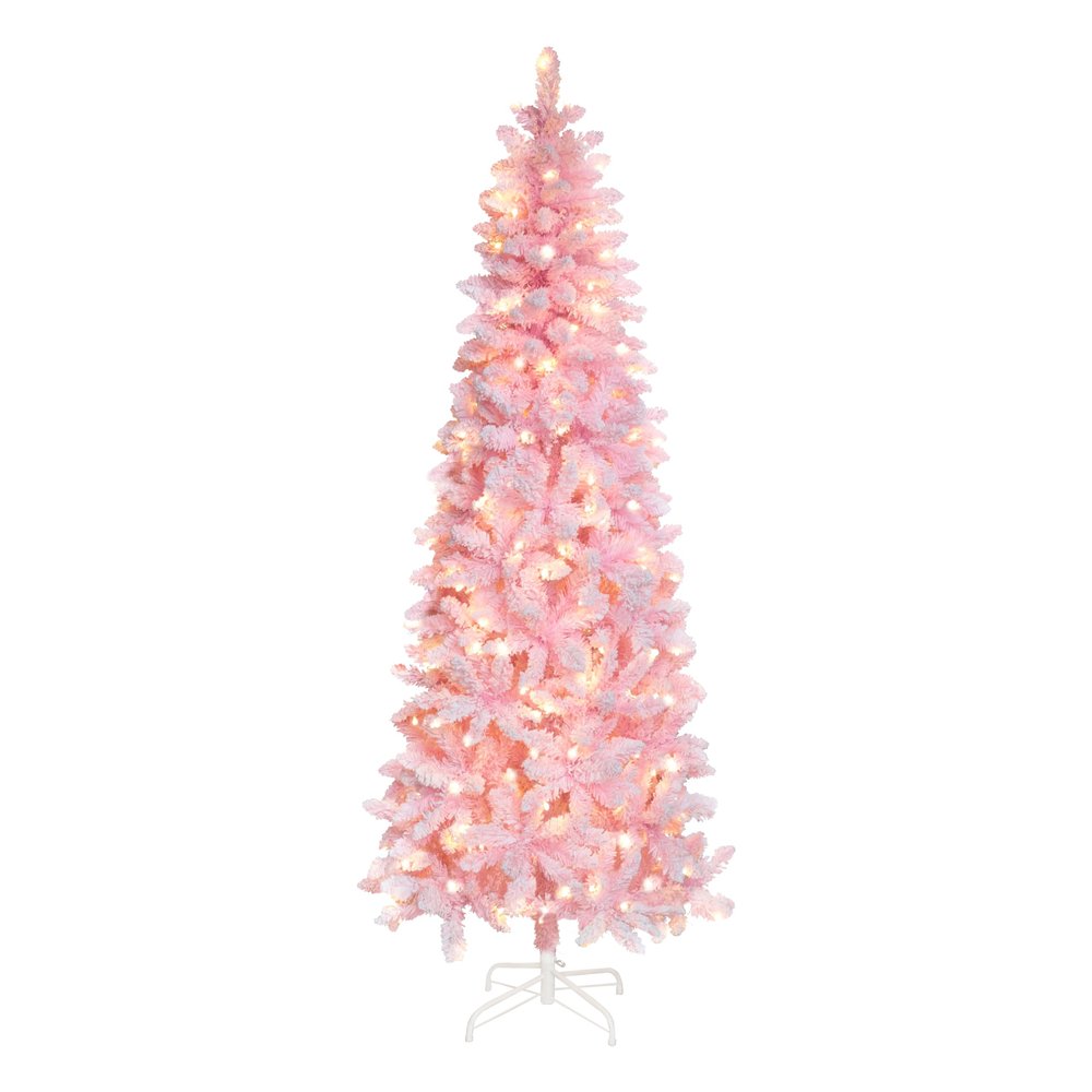 Yardenaler 6FT Artificial Christmas Pencil Tree with 200 LED Lights, 600 Branches Snow Flocked Pine Tree, Warm White Lights Slim Tree with Base for Indoor, Party, Office Decor, Pink