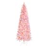 Yardenaler 6FT Artificial Christmas Pencil Tree with 200 LED Lights, 600 Branches Snow Flocked Pine Tree, Warm White Lights Slim Tree with Base for Indoor, Party, Office Decor, Pink view 1