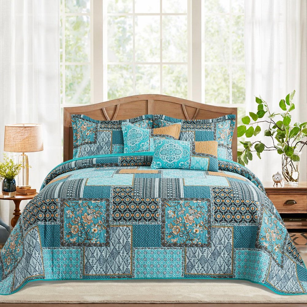 BEDISELY Cotton Bedspread King Quilt Set Boho Patchwork Bedding Set Farmhouse King Quilt 3-Piece Lightweight Reversible Bed Coverlet with 2 Floral Pillowcases for All Seasons (98x106)