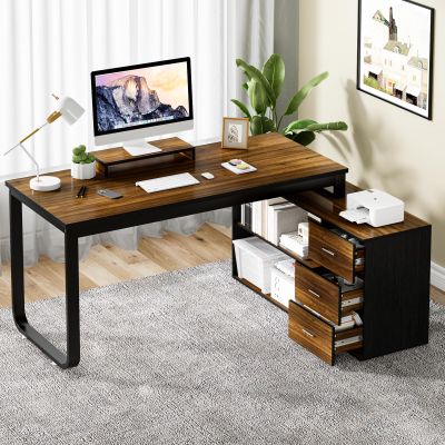 MaverickFurni 55 Inch L Shaped Desk with Storage Shelves, Corner Computer Desk with Drawers, Home Office Desk with Removable Monitor Stand, Study Desk for Kids, Black