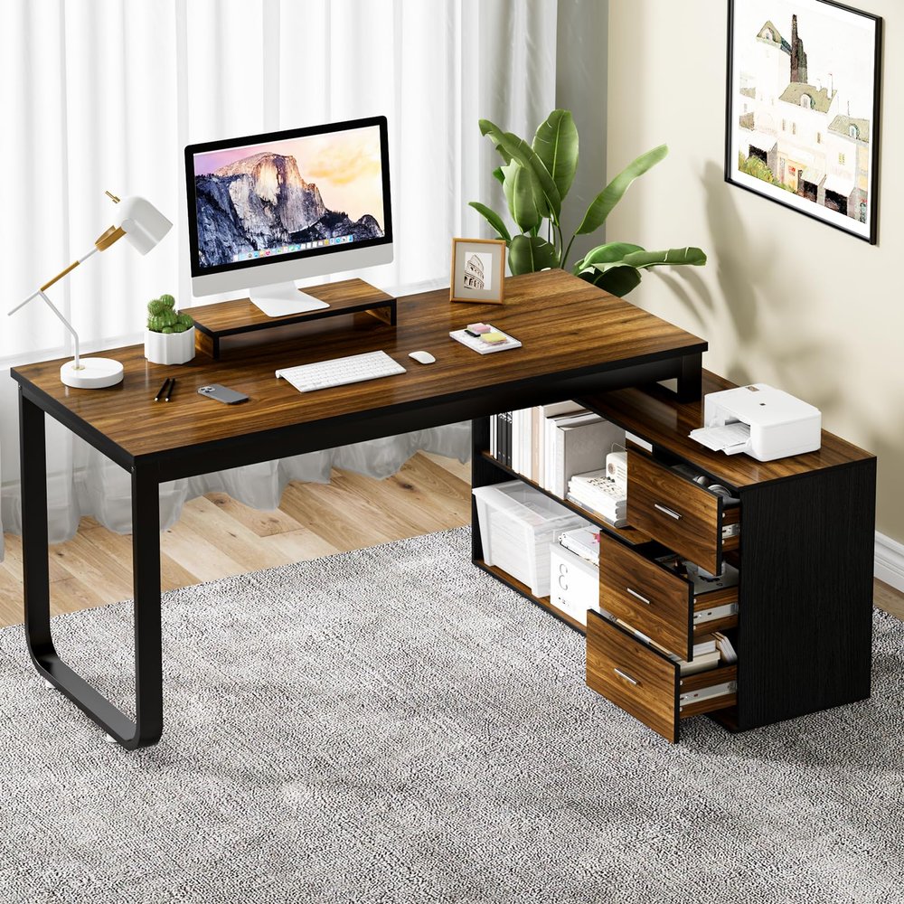 MaverickFurni 55 Inch L Shaped Desk with Storage Shelves, Corner Computer Desk with Drawers, Home Office Desk with Removable Monitor Stand, Study Desk for Kids, Black