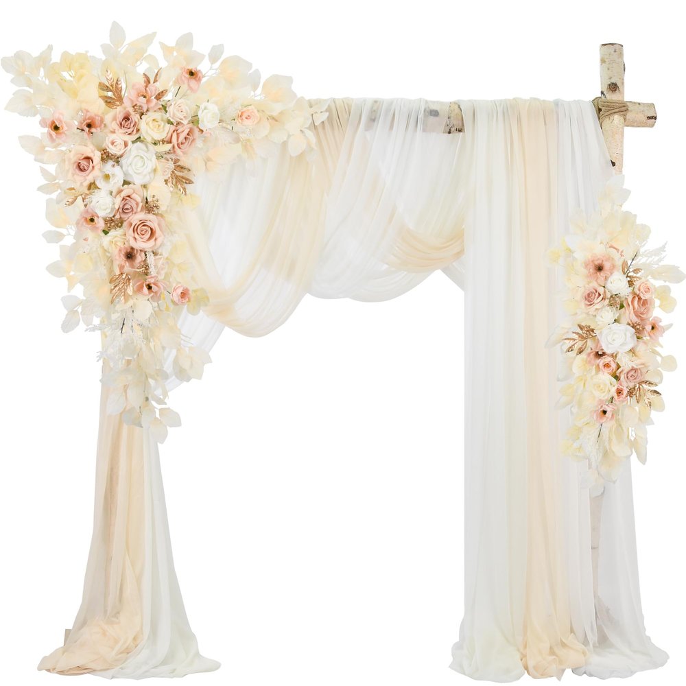 Ting's time Wedding Arch Flowers and Drape Kit (Set of 5) 2 Pcs Artificial Floral Swag Arrangement 3 Pcs Arch Draping Fabric for Wedding Ceremony Arbor and Reception(Beige)