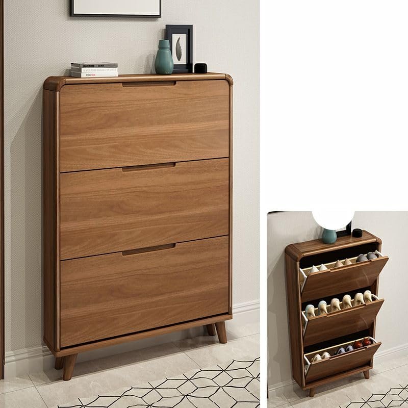 CraftThink Wood Shoe Storage Cabinet, Narrow Slim Wall Mounted Tipping Bucket Shoe Rack Organizer with 3 Flip Drawers and Adjustable Shelves for Bedroom Entryway (Nut-Brown, 23.5" L x 7" W x 47.5" H)