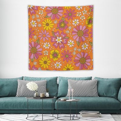 HZOHNAGO Retro 70s Groovy Floral Tapestry Hippie Summer Orange Flowers Pattern Printed Wall Tapestry Wall Hanging for Bedroom Living Room Dorm 60" W x 60" H