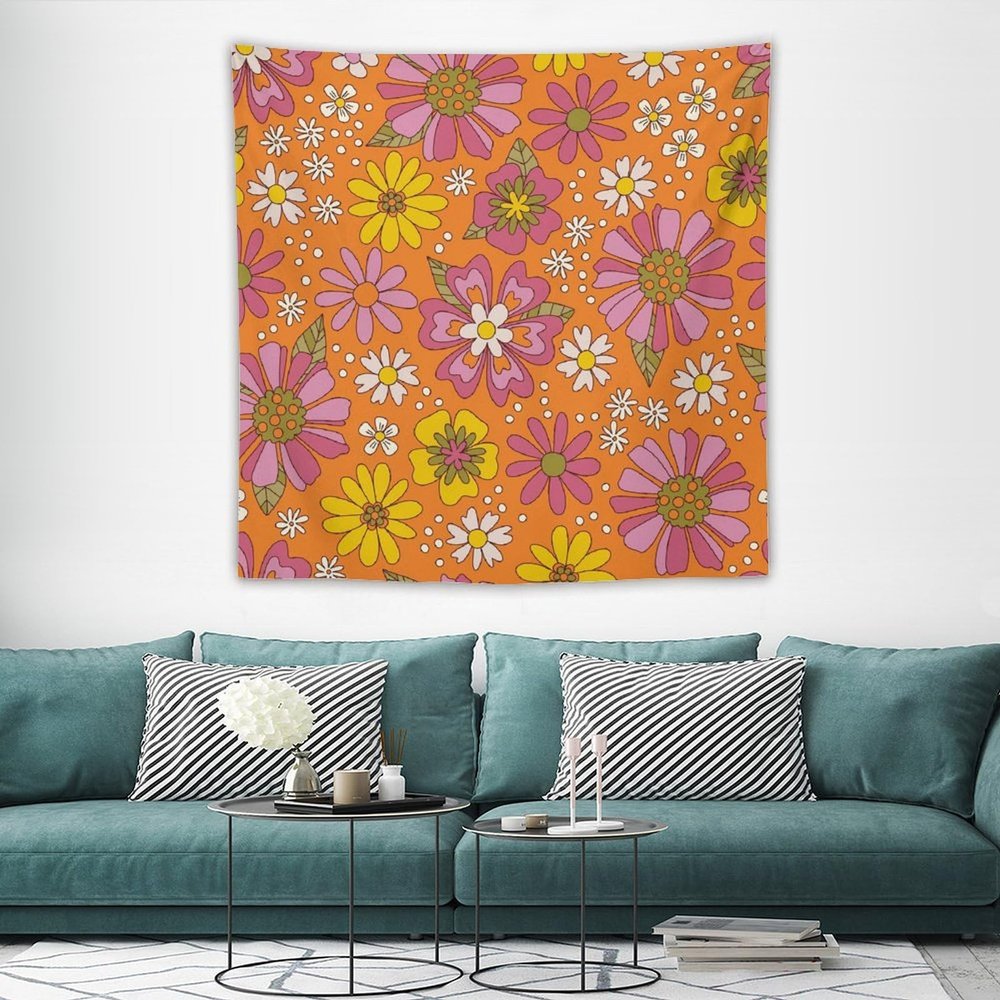 HZOHNAGO Retro 70s Groovy Floral Tapestry Hippie Summer Orange Flowers Pattern Printed Wall Tapestry Wall Hanging for Bedroom Living Room Dorm 60" W x 60" H