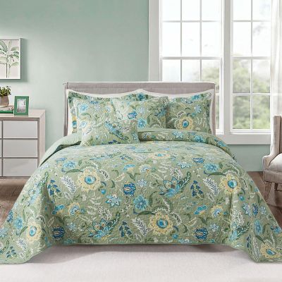 VAPUTAR Queen Quilt Bedding Set - Cotton Bedspreads Queen Size (90 x 98 inch) with Floral Pattern, Farmhouse Lightweight Queen Size Quilt Suitable for All Season3 Pieces, Olive Green