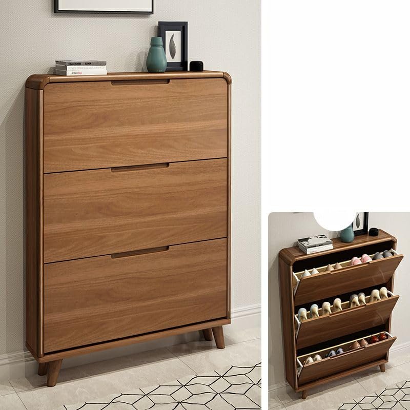 CraftThink Wood Shoe Storage Cabinet, Narrow Slim Wall Mounted Tipping Bucket Shoe Rack Organizer with 3 Flip Drawers and Adjustable Shelves for Bedroom Entryway (Nut-Brown, 31.5" L x 7" W x 47.5" H)
