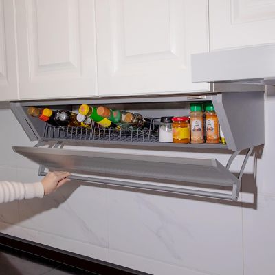 JOMRTS Pull Out Spice Rack Organizer, Under Cabinet Drop-Down Folding Rack with Door, Heavy-Duty Down Shelf, Wall Mounted Floating Shelf for Over The Stove (Metallic 70cm Cabinet)