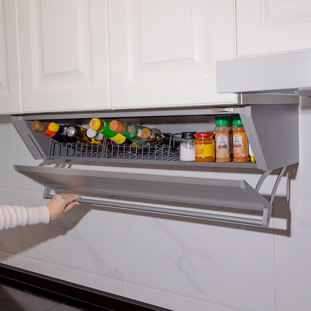 JOMRTS Pull Out Spice Rack Organizer, Under Cabinet Drop-Down Folding Rack with Door, Heavy-Duty Down Shelf, Wall Mounted Floating Shelf for Over The Stove (Metallic 70cm Cabinet)