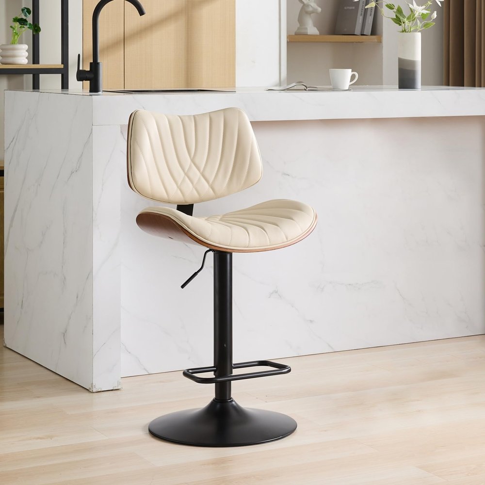 FHUKMZOI Walnut Bentwood Bar Stools 1 Pc for Kitchen Counter, Mid Century Modern 360Swivel Barstools Back and Upholstered, Adjustable Bar Height Chairs for Kitchen Island, Dining Room, Bar (Beige)
