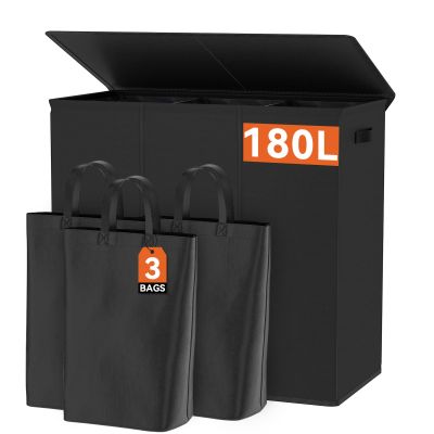WOWLIVE 180L Laundry Hamper with Lid 3 Section,Large Laundry Basket with Removable Bags and Handles,Collapsible Dirty Clothes Hampers for Laundry,Laundry Basket Organizer for Laundry Room,Dorm,Black