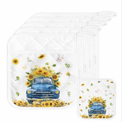 5 Pack Pot Holder with Pocket, Yellow Sunflowers on Farm Truck Kitchen Potholders Heat Proof Non Slip Pot Holders Sets, Summer Floral on White Hot Pads Potholder for Cooking Baking BBQ