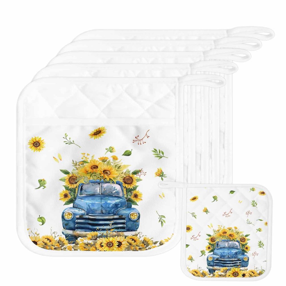 5 Pack Pot Holder with Pocket, Yellow Sunflowers on Farm Truck Kitchen Potholders Heat Proof Non Slip Pot Holders Sets, Summer Floral on White Hot Pads Potholder for Cooking Baking BBQ