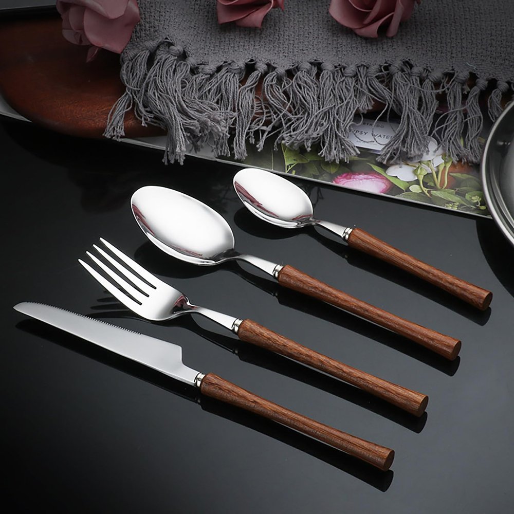 Vintage wooden cutlery set, 18/8 walnut stainless steel faltware set, 32-piece service set of 8, dishwasher safe, wooden handle cutlery utensils set