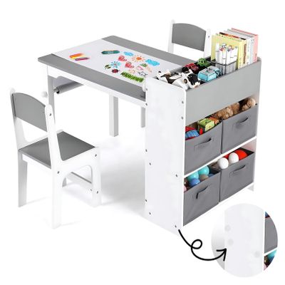 Arlopu Kids Art Table and 2 Chairs Set, Large Size Toddler Wood Activity Table, Sturdy Drawing Desk with Large Storage, 4 Bins, Paper Roll for Children Painting, Reading (Grey)