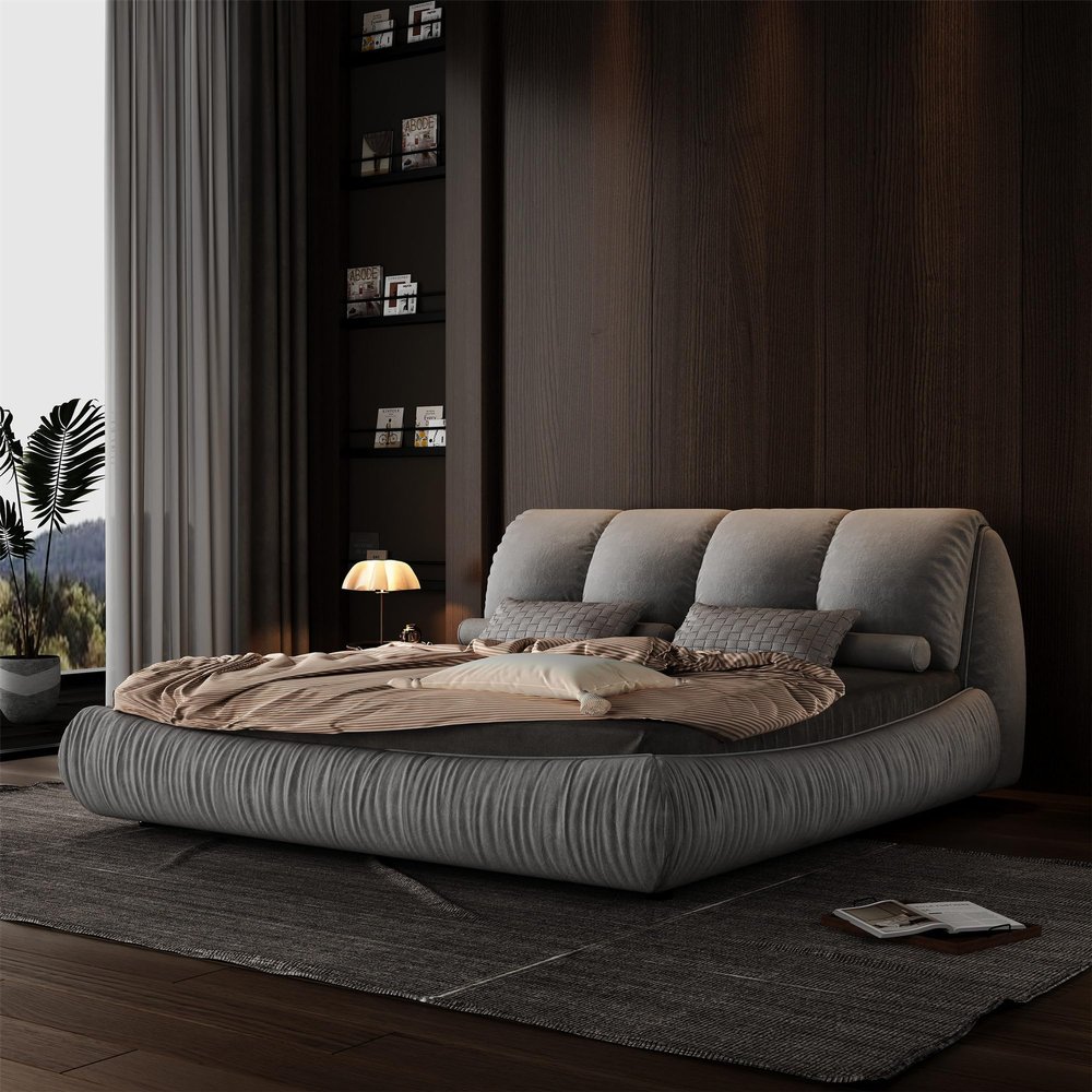 WEALTHKING Upholstered Platform Bed with Oversized Padded Backrest, Thickened Pinewood Slats, Solid Wood Frame, No Box Spring Needed, Adjustable Mattress Height, Silent Sleep Design (Grey,King)