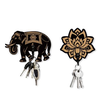 AHANDMAKER 2 Sets Elephant and Lotus Key Holder Wall Mounted, Wooden Elephant Wall Hooks Key Holder for Wall Key Organizer, Lotus Decor Hanger for Room Wooden Hooks for Keys Home Decor with Hook