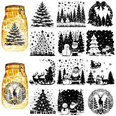 CREATCABIN 12Pcs Christmas Silhouettes Mason Jar Decor Christmas Tree Laser Cut Cardboard Scrapbook Cutouts Die Cuts PVC Decoration for DIY Crafts Lantern Jars Wall Window Glass 3.9x3.5Inch-No Sticker