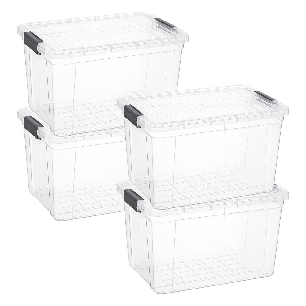 Superio Clear Storage Boxes with Lids, 14.25 Quart Plastic Container Bins for Organizing, Stackable Crates, BPA Free, Non Toxic, Odor Free, Organizers for Home, Office and Dorm, 4 Pack