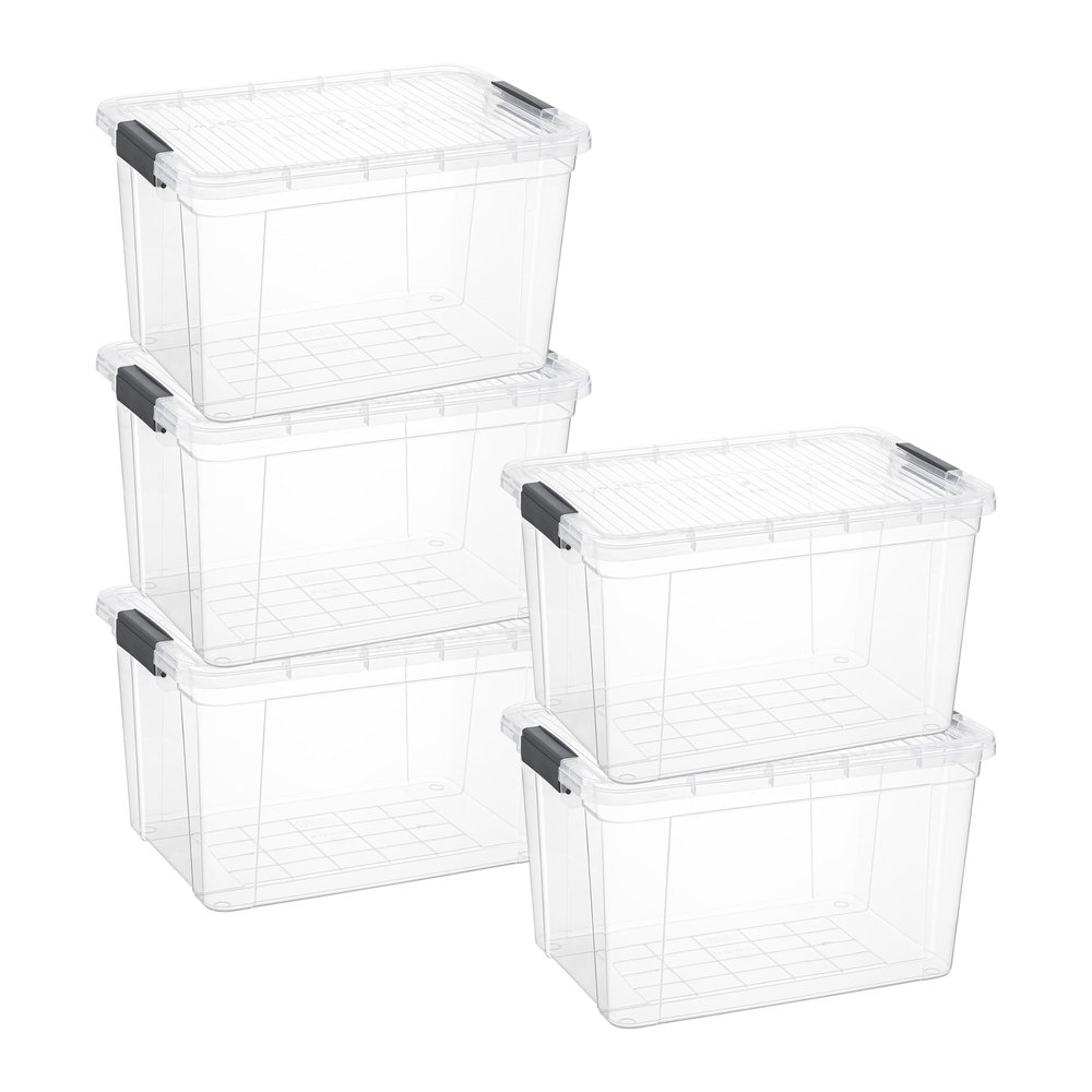 Superio Clear Storage Boxes with Lids, 26.5 Quart Plastic Container Bins for Organizing, Stackable Crates, BPA Free, Non Toxic, Odor Free, Organizers for Home, Office and Dorm, 5 Pack