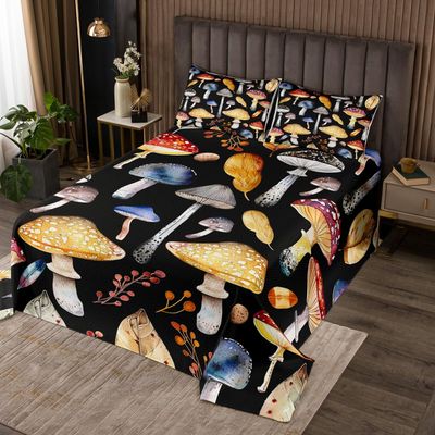 Castle Fairy Mushroom Quilt Set for Kids Teens,Jungle Leaves Mushrooms Bedspread,Watercolor Wild Fungus Bed Cover Orange Black Bedding Set Decorative Quilted Coverlet Set,Queen Size