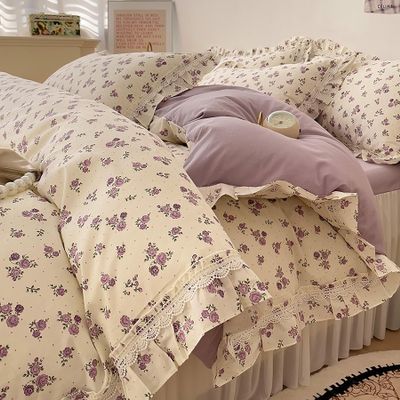 100% Cotton Bedding Set Four-Piece, Simple Twill Cotton Retro Plants Flowers Lotus Ruffle Lace Bed Sheet Set with 1 Bed Sheet, 1 Quilt Cover, 2 Pillowcases,Purple,Full