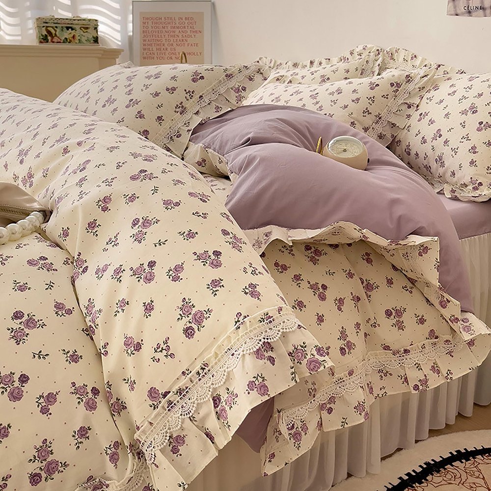 100% Cotton Bedding Set Four-Piece, Simple Twill Cotton Retro Plants Flowers Lotus Ruffle Lace Bed Sheet Set with 1 Bed Sheet, 1 Quilt Cover, 2 Pillowcases,Purple,Full
