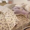 100% Cotton Bedding Set Four-Piece, Simple Twill Cotton Retro Plants Flowers Lotus Ruffle Lace Bed Sheet Set with 1 Bed Sheet, 1 Quilt Cover, 2 Pillowcases,Purple,Full view 1