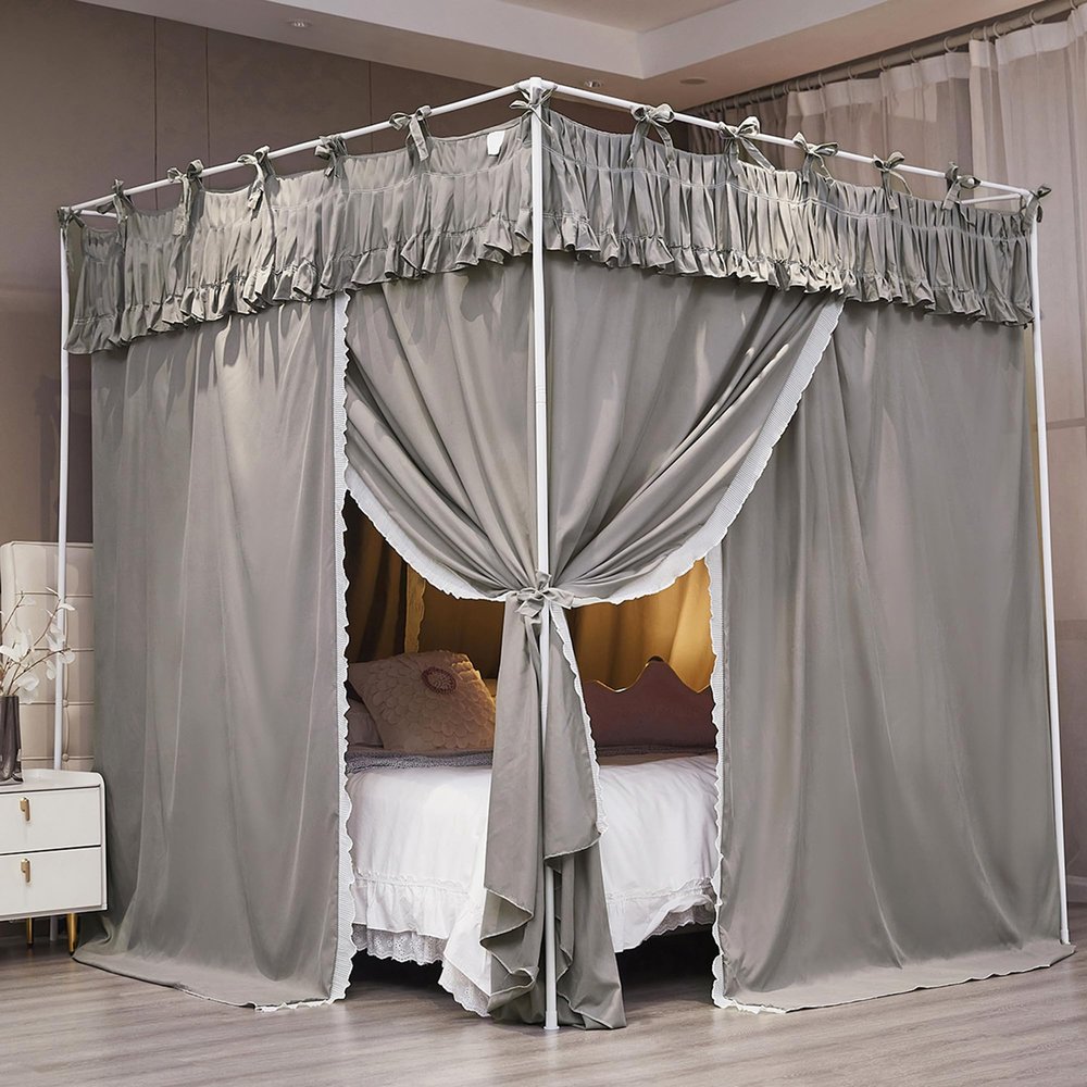 NXGIO Ruffle Lace up 4 Corners Post Princess Curtain Bed Canopy Cozy Breathable Mosquito Net Cloth for Girls Adults Bedroom Decoration (Grey, 78" W*86" L*82" H/King)