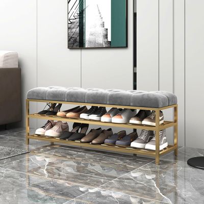 Bench Shoe Rack Freestanding Shoe Cabinet Organizer With Metal Legs Entryway Bench With Padded Seat Cushion For Space Saving Corner Shoe Rack Hallway Bench For Bedroom Living Room(Gray,100x35x46cm)