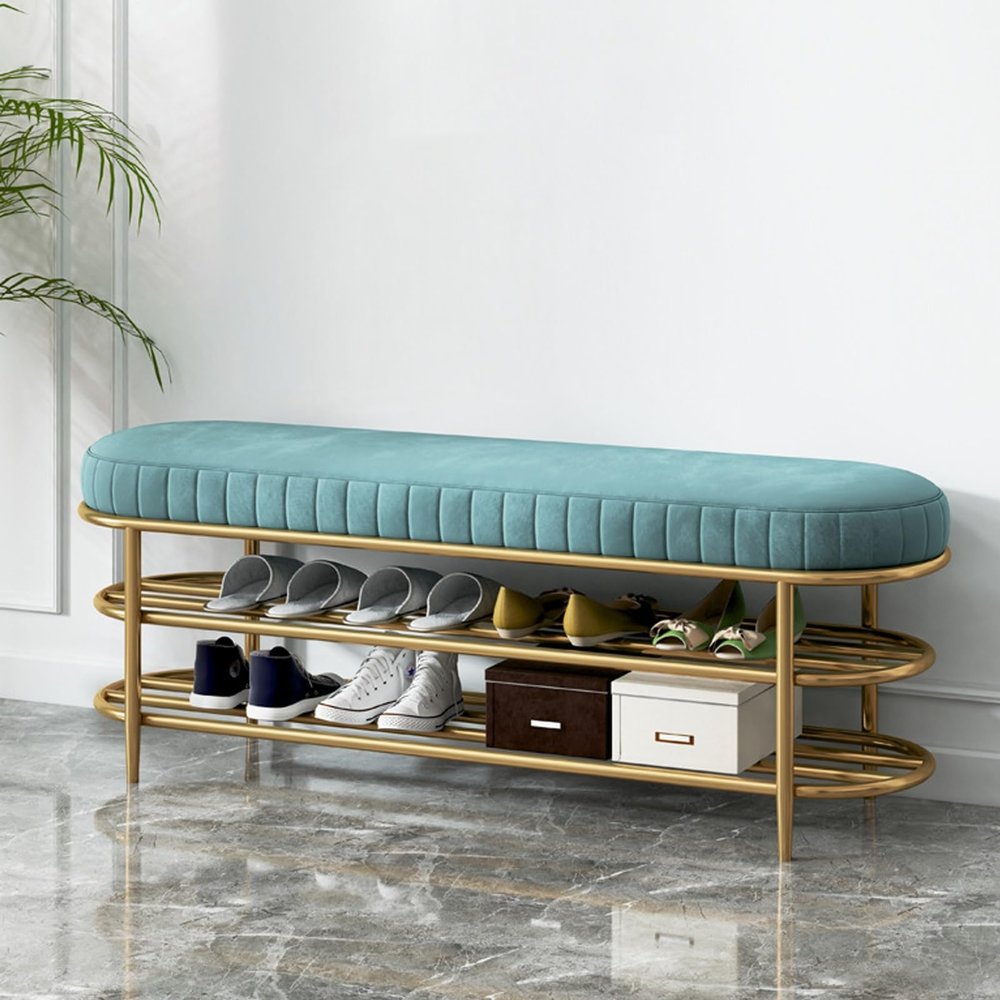 Shoe Storage Cabinet Organiser Small Entry Bench Bench With Shoe Rack With Comfortable Seat,2-Tier Shoe Storage Bench Entryway Bench With Padded Seat Cushion For Entryway,Hallway(Blue,100x45x32cm)