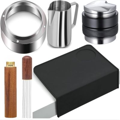 KV&V - 5 piece espresso coffee tools kit of espresso accessories - Barista Kit - WDT stirrer with 8 needles, 51 mm dosing funnel, 51 mm distributor/tamper, 350 ml milk jug, and coffee tamping mat
