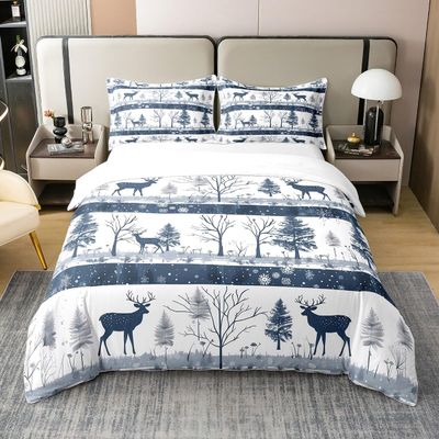 Castle Fairy Wild Elk Bedding Set Full Size Nature Pine Tree Plant 100% Cotton Duvet Cover Merry Christmas Bed Set Room Decor White Snowflake Comforter Cover with 2 Pillowcases Soft(Not Comforter)