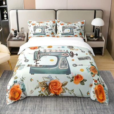 Castle Fairy Bohemia Sewing Style Duvet Cover Blossom Flower Bedding Set for Kids Retro Sewing Machine Comforter Cover Colorful Button Quilt Cover Full Size,2 Pillowcases,Comforter Not Included