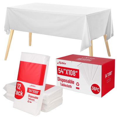 Airbin Plastic Table Cloth, 36 Packs White Plastic Tablecloth 54 x 108 Inch Disposable Tablecloths for Rectangle Tables Sturdy Leakproof PEVA Party Table Cover for Birthday Camping Gathering