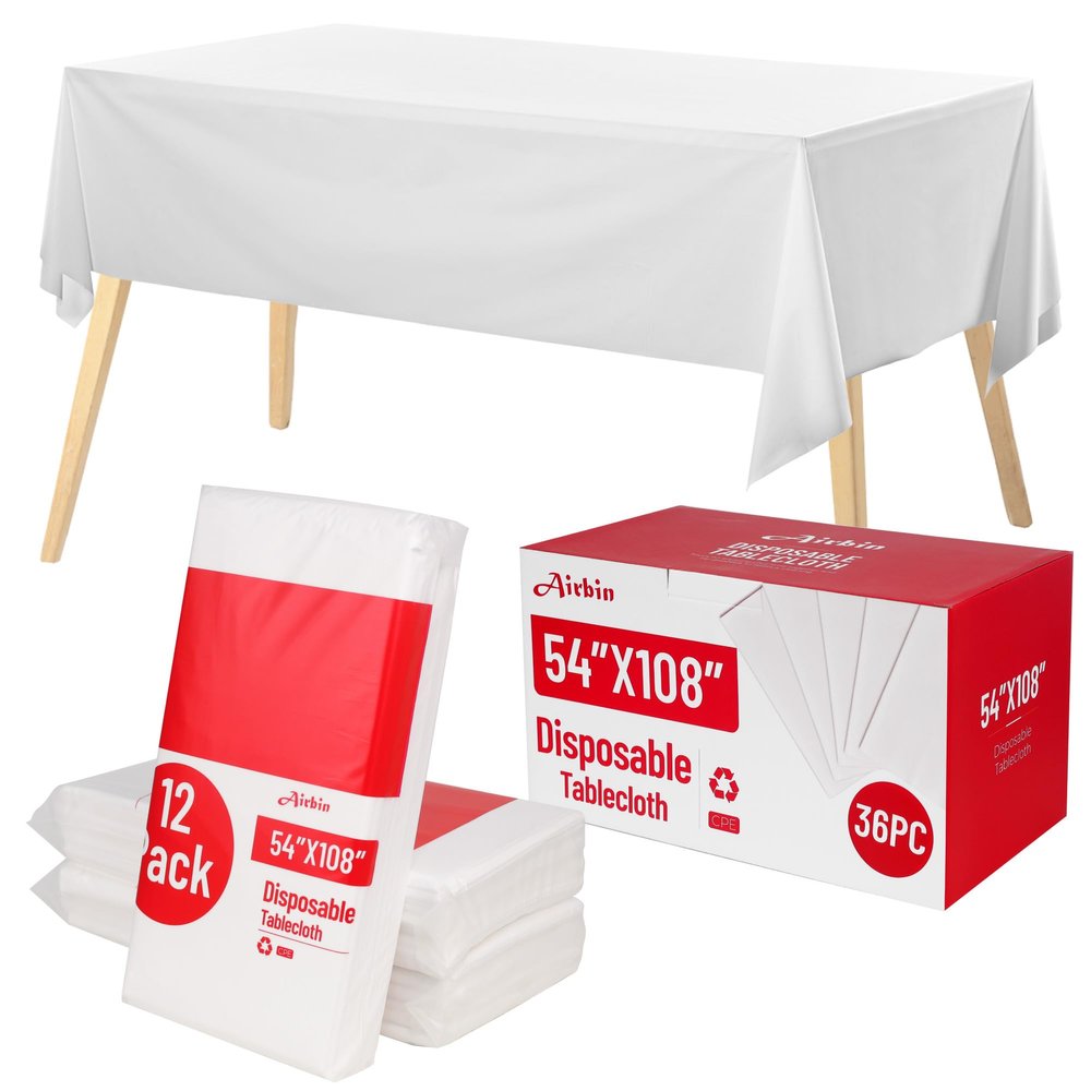 Airbin Plastic Table Cloth, 36 Packs White Plastic Tablecloth 54 x 108 Inch Disposable Tablecloths for Rectangle Tables Sturdy Leakproof PEVA Party Table Cover for Birthday Camping Gathering